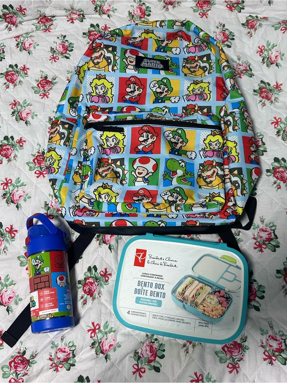 Super Mario backpack, water bottle and regular lunchbox